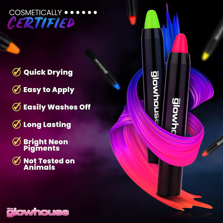 Ultra-Bright UV Reactive Neon Face and Body Paint Sticks by Glowhouse - Pack of 6, Vegan and Cruelty-Free