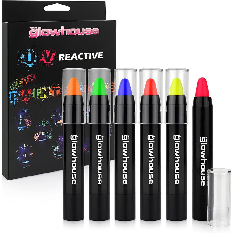 Ultra-Bright UV Reactive Neon Face and Body Paint Sticks by Glowhouse - Pack of 6, Vegan and Cruelty-Free