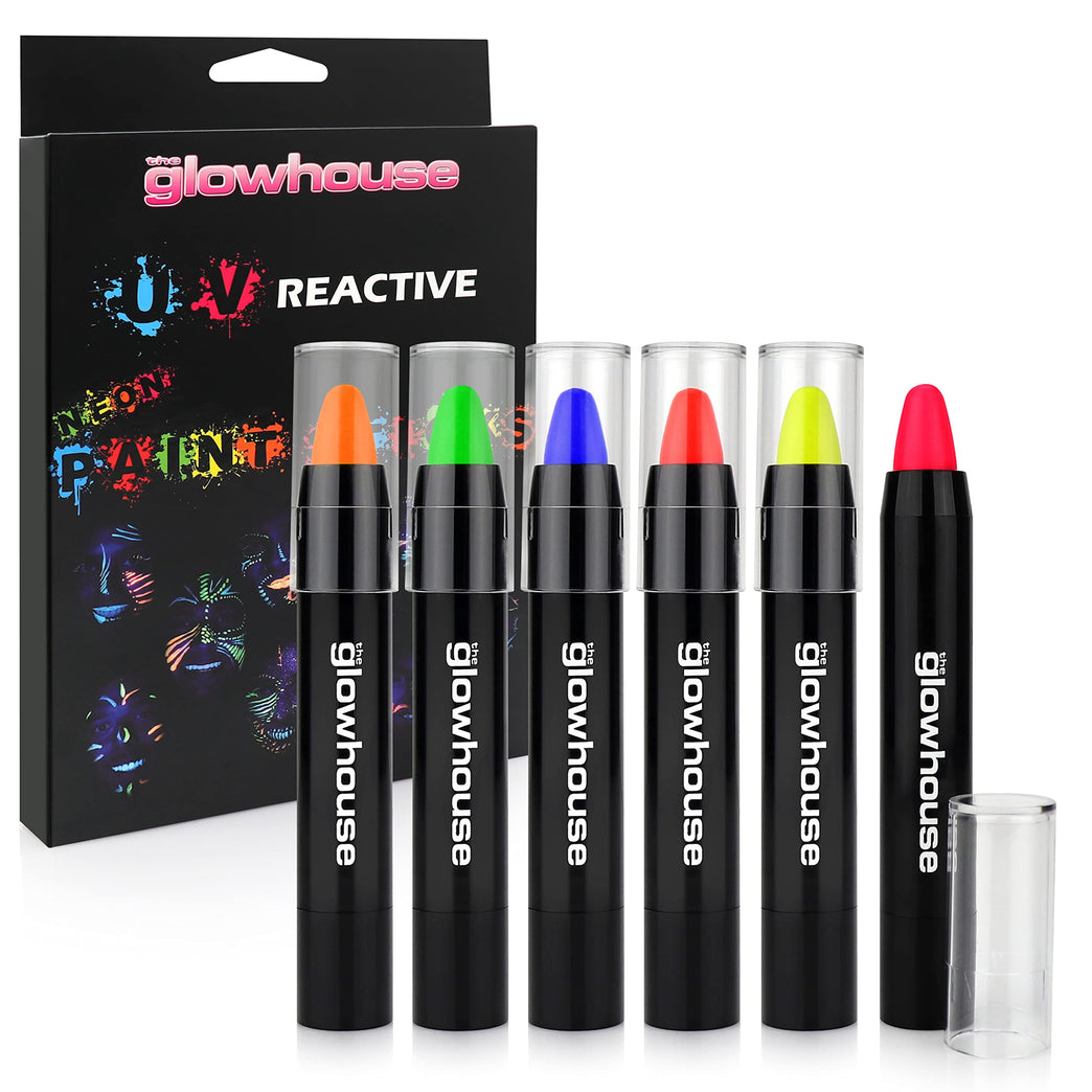 Ultra-Bright UV Reactive Neon Face and Body Paint Sticks by Glowhouse - Pack of 6, Vegan and Cruelty-Free