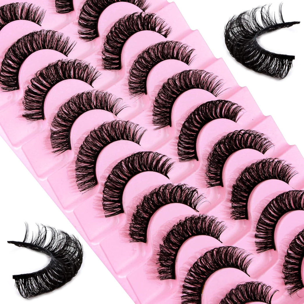 Russian DD-Curl Reusable Faux Mink Eyelashes: Fluffy, Long & Dramatic Handmade Strip Lashes, 10 Pairs, Natural Look (DH0603)