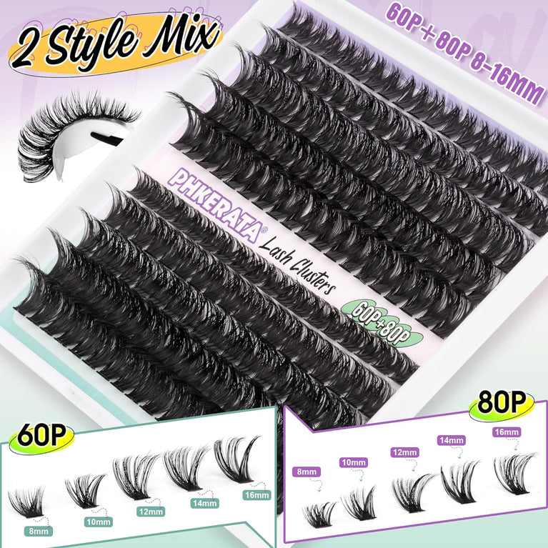 PHKERATA Premium DIY Eyelash Extension Kit with 185Pcs 8-16MM D Curl Cluster Lashes, Lash Glue Bond, Seal, and Lash Tweezers for Natural and Dramatic Looks (0.07D,8-16MM)