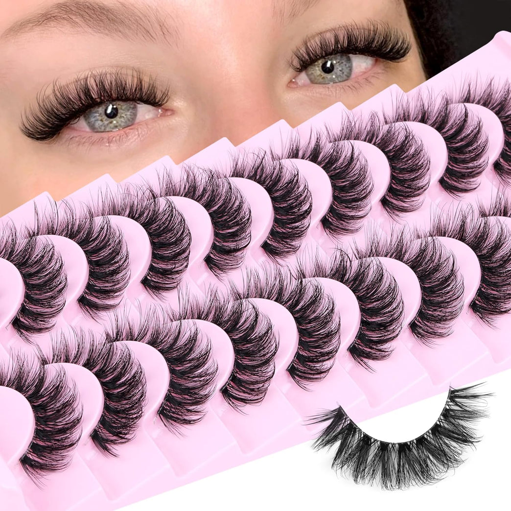 Calphdiar Fluffy 3D Volume False Eyelashes: 14mm Natural D-Curl Wispy Strip Lashes, 10 Pair Pack