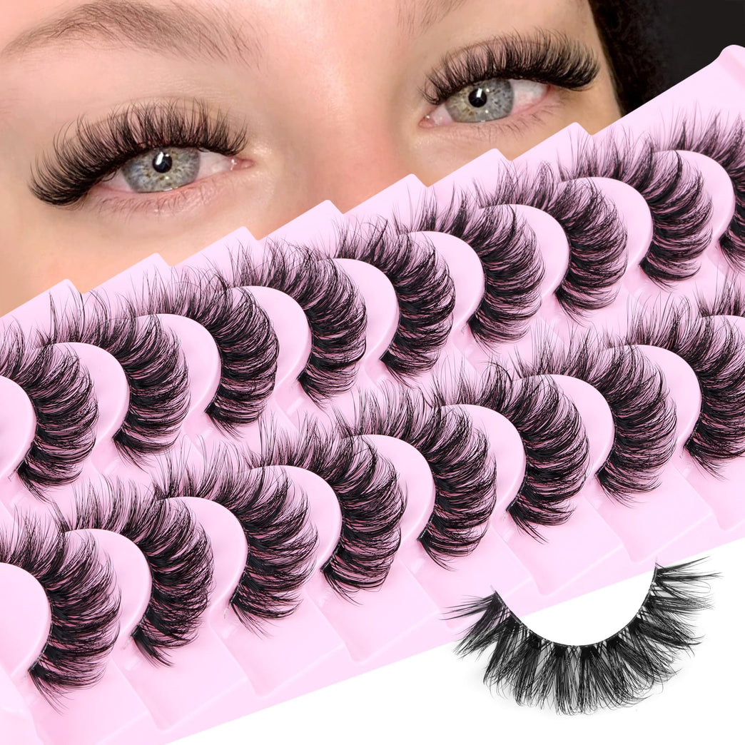 Calphdiar Fluffy 3D Volume False Eyelashes: 14mm Natural D-Curl Wispy Strip Lashes, 10 Pair Pack