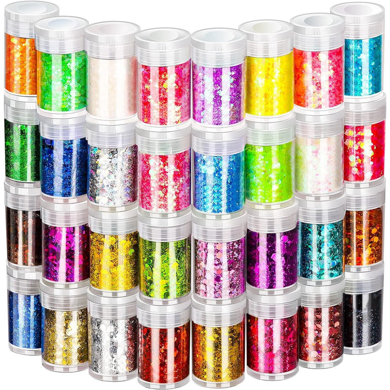 FANDAMEI 32-Color Holographic Chunky Glitter Set for Body, Face, Hair, Nails and Crafts - Non-toxic and Harmless Sparkle Decoration for Festivals, Parties, and DIY Resin Projects