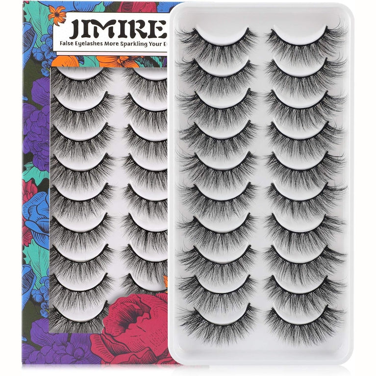 JIMIRE 10 Pairs of Cat Eye-Style Fake Eyelashes - Natural Looking, Lightweight, and Handmade False Lashes - 14mm Pack with Flexible Bands