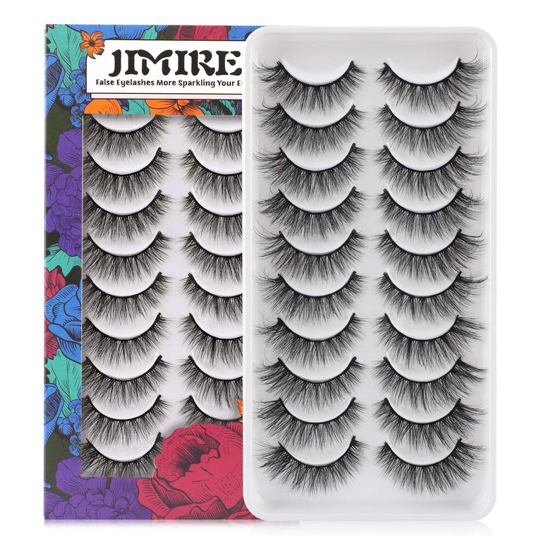 JIMIRE 10 Pairs of Cat Eye-Style Fake Eyelashes - Natural Looking, Lightweight, and Handmade False Lashes - 14mm Pack with Flexible Bands