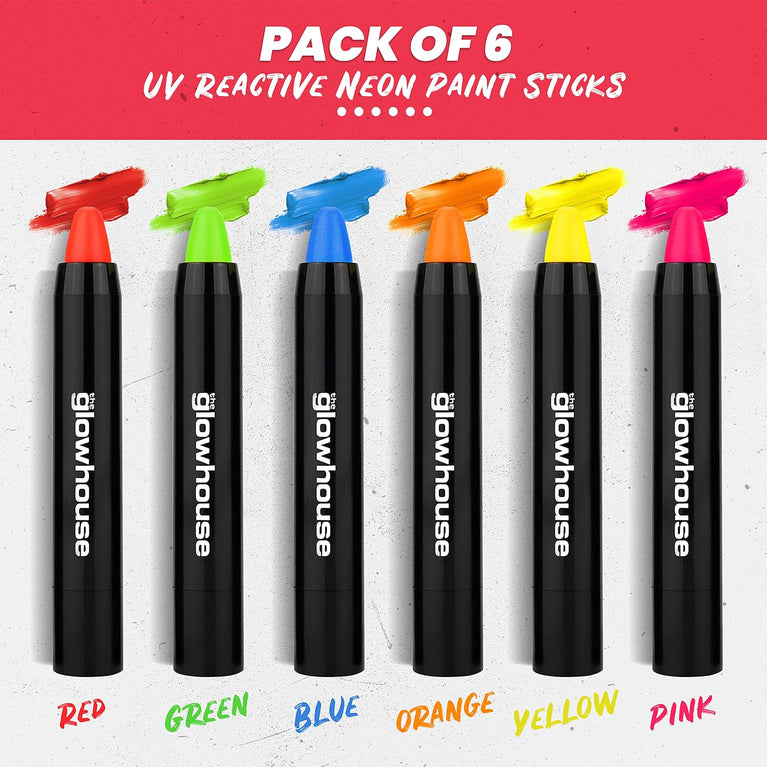 Ultra-Bright UV Reactive Neon Face and Body Paint Sticks by Glowhouse - Pack of 6, Vegan and Cruelty-Free